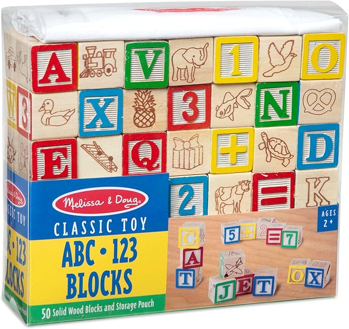 Melissa & Doug Deluxe Wooden ABC/123, 50-Piece Set of Classic Letter & Number Wooden Blocks (1” x 1”) with Storage Pouch, Sorting & Stacking Toys for Kids Ages 2+