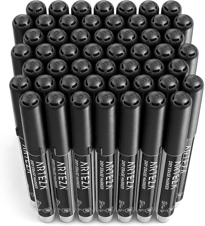 ARTEZA Black Dry Erase Markers Pack of 52, Fine Tip, Low-Odor Black Ink, Classroom-Preferred Whiteboard Markers