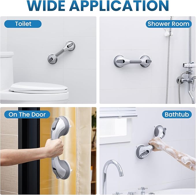 LEVERLOC Shower Grab Bar, 12 Inch Suction Grab Bars for Bathtubs, Shower Handle Handrail for Seniors Bathroom Safety Grip for Elderly, Heavy Duty No Drilling Removable,Silver