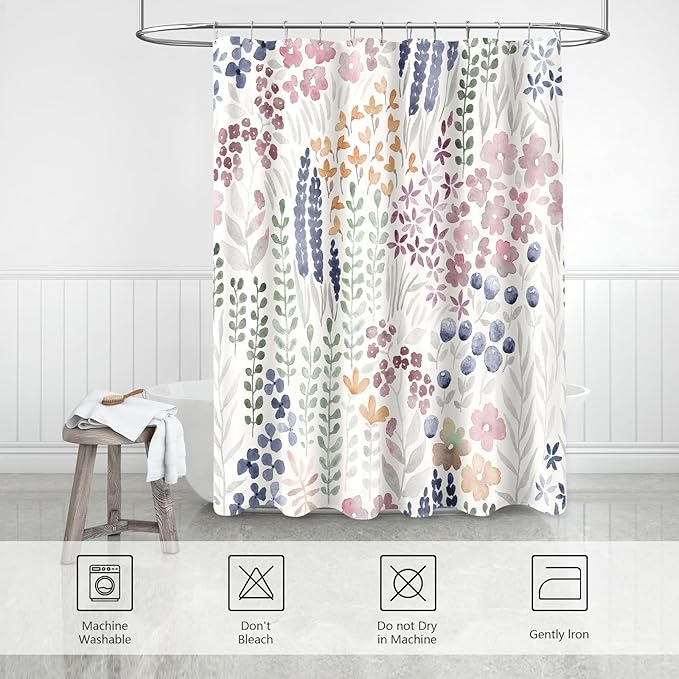 Small Stall Shower Curtain 36 x 72 Inch, Half Narrow Cute Floral Shower Curtain for Bathroom, Mauve Wildflower Boho Cottagecore Fabric Shower Curtain Set with Hooks