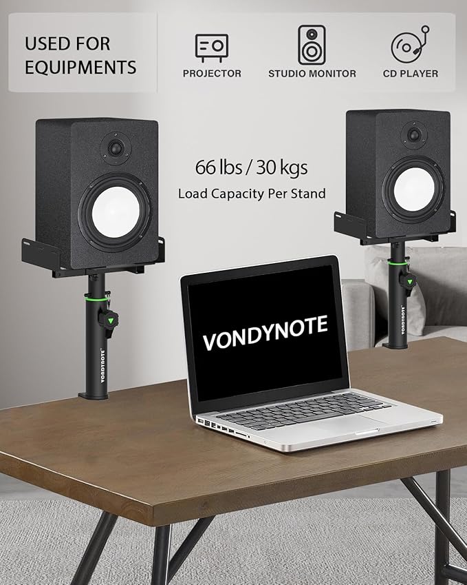 Set of 2 Dual Side Clamping Studio Monitor Stands Short Desktop Clamp Speaker Stands Height Adjustable Extendable Top Plate Mounted by Screws
