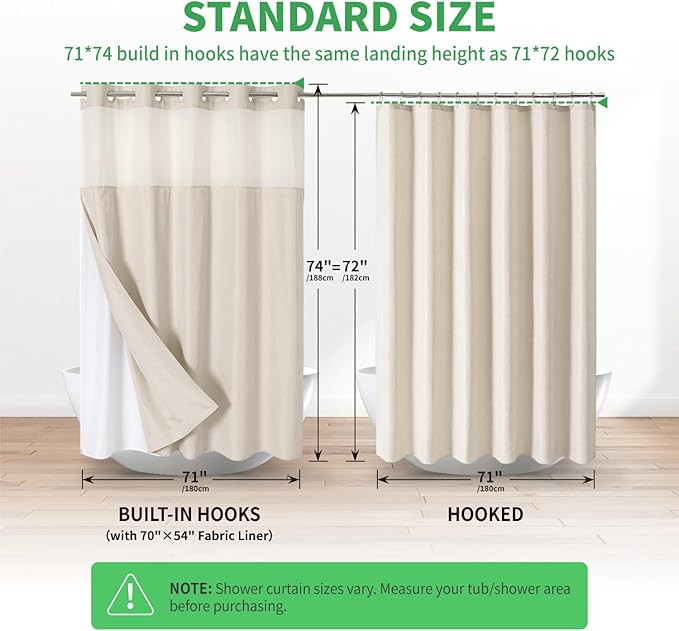 No Hooks Polyester Textured Shower Curtain with Snap-in Fabric Liner Set, Hotel Luxury Decor Shower Curtains for Bathroom with See Through Top Window, Waterproof & Washable, 71Wx74H, Cream