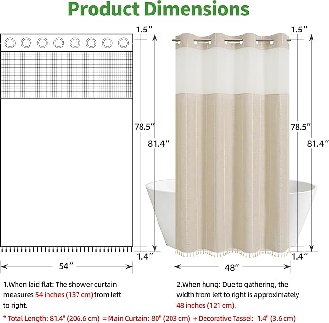 No Hook Stall Shower Curtain with Snap-in Fabric Liner - 54x80 Heavy-Duty Linen Textured Striped Design,Narrow Rustic Modern Farmhouse Bohemian Bathroom Curtain,Water-Repellent,Cream/Beige
