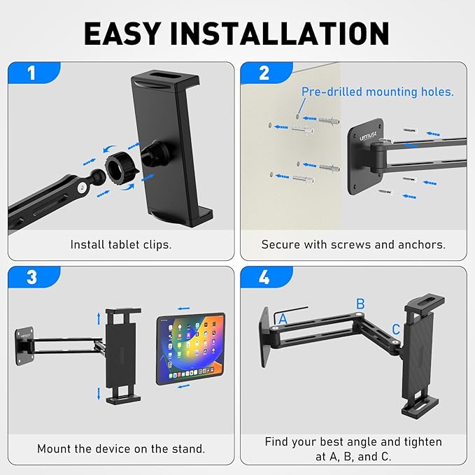Urmust Tablet Wall Mount Holder for iPad, 360°Rotation Adjustable Tablet Stand Holder with Aluminum Extendable Arm, for iPad mini/Air/Pro/Galaxy Tab/Kindle, All 4.7-13" Phones & Tablets