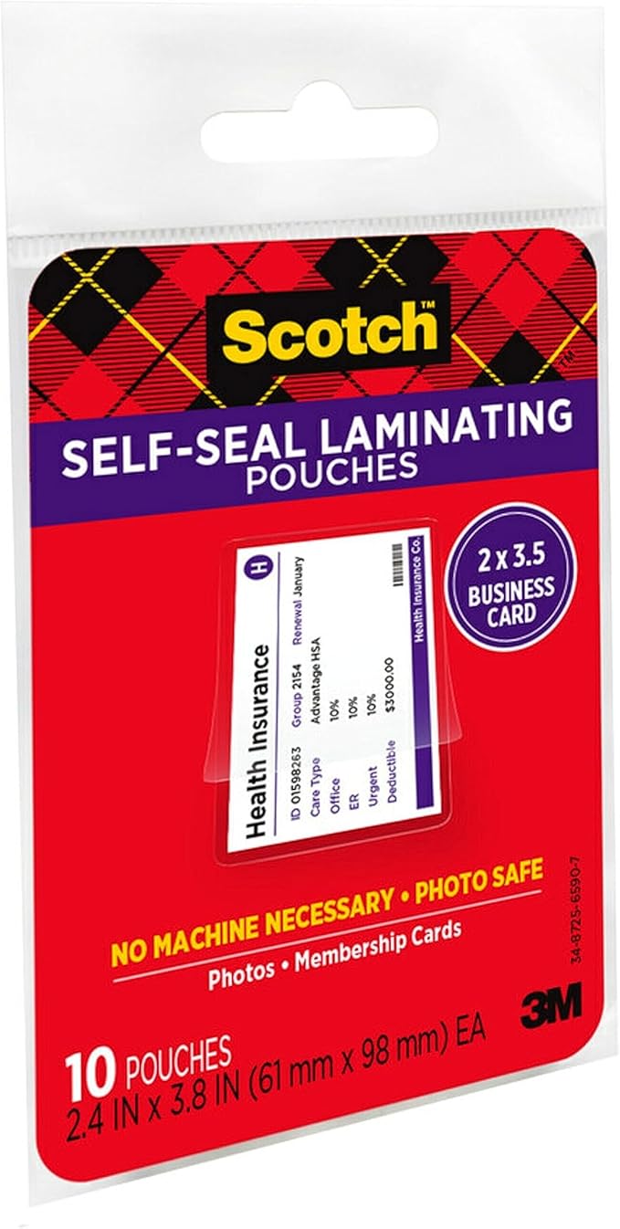 Scotch Self-Sealing Laminating Pouches, 2 in x 3.5 in Business Card Size, Great for Gift Tags, 25-Pack