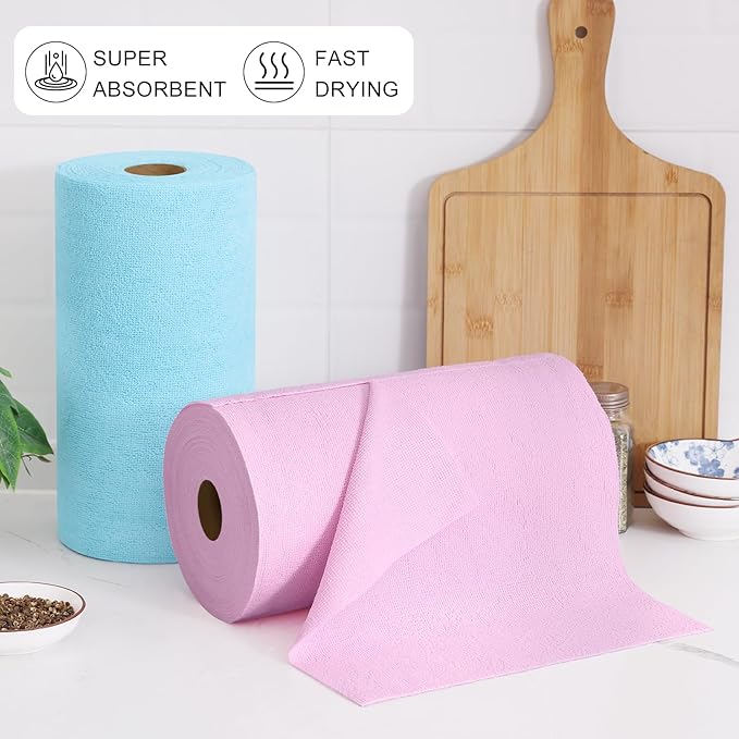Homaxy Tear Away Dish Cloths Rolls, 75 Sheets-11.8" X 11.8", Reusable Washable Dish Towels for Kitchen, Ultra Absorbent and Quick Drying Microfiber Cleaning Rags, Pink
