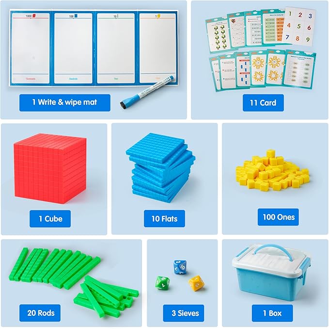 Base Ten Blocks Plastic 147 pcs Math Manipulatives Kindergarten Counting Blocks for Math with 3 dice,Place ValueBlocks for Early Counting MathToy for 1st Grade Homeschool