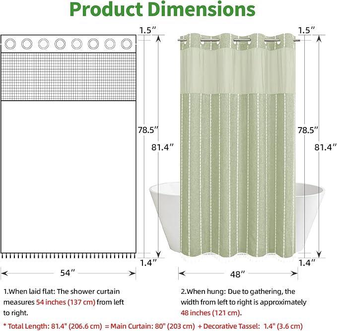 No Hook Stall Shower Curtain with Snap-in Fabric Liner - 54x80 Heavy-Duty Linen Textured Striped Design,Narrow Rustic Modern Farmhouse Bohemian Bathroom Curtain,Water-Repellent,Sage Green