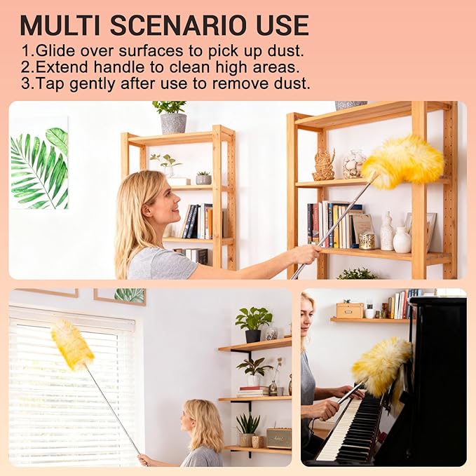 Cedenoo Lambswool Duster Extendable 22–55 Inch Natural Wool Duster with Flexible Head for Ceilings Furniture Blinds Electronics Washable Reusable