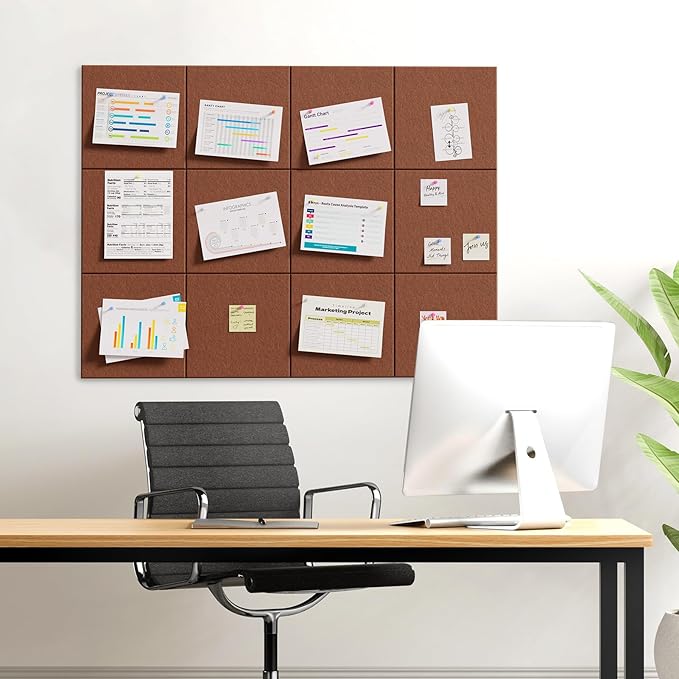 MaxGear Large Cork Board for Wall 36" x 24", Chocolate Brown Bulletin Board, 6 Pack Felt Wall Tiles with Pushpins, Cork Boards for Office Push Pin Board Tack Board Felt Board