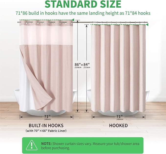 Extra Long No Hooks Needed Linen Textured Shower Curtain with Snap-in Fabric Liner Set,Blush Hotel Luxury Decor Shower Curtains for Bathroom,Waterproof & Washable,71Wx86H