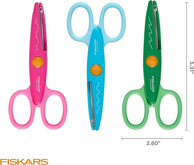 Fiskars Kidzors Paper Edgers Scissors – Decorative Scissors for Paper, Cardstock, & Crafts, For Crafting and School Supplies, 5 inches, 3 Pack