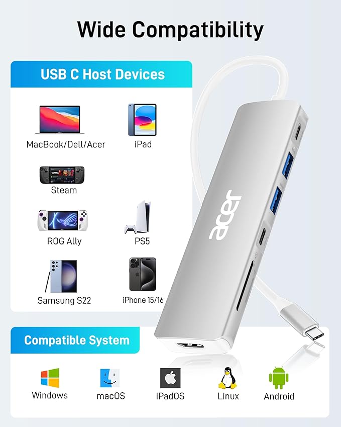 Acer USB C Dock, 7 in 1 USB-C to HDMI Hub, 2 USBA 3.1 GEN1 and 5Gbps Type-C Data Port, 4K HDMI Port, PD 100W Charging, SD Card Reader, for iPad Pro MacBook Pro Laptops and More (Silver)