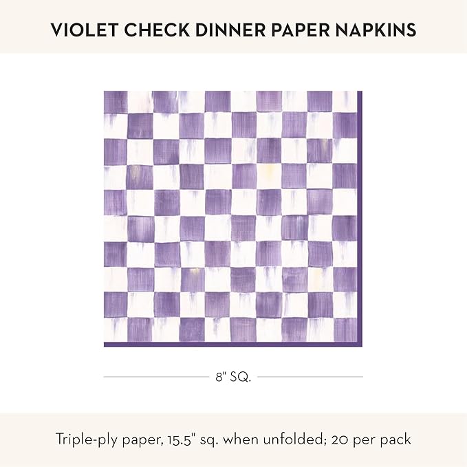 MACKENZIE-CHILDS Pack of 20 Dinner Paper Napkins, Decorative Napkins for Parties, Purple-and-White Violet Check