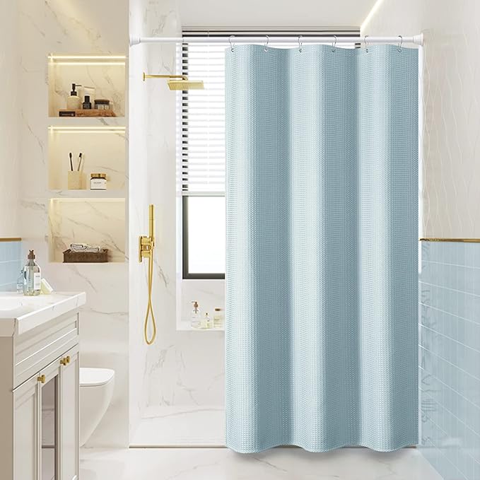 Dynamene Stall Fabric Shower Curtain - 36x72 Waffle Weave Heavy Duty Cloth Shower Curtains for Bathroom, Neutral Weighted Hotel Spa Luxury Bath Curtain Set with 6 Plastic Hooks, Fog Blue