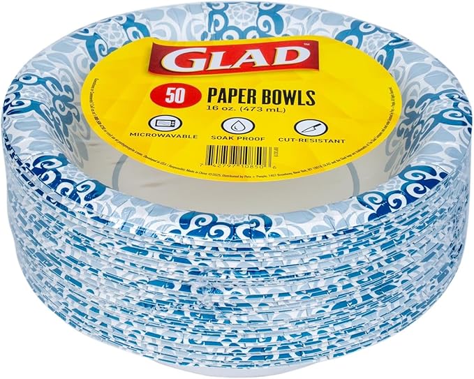 Glad Round Disposable Paper Bowls, Green Victorian Design - Heavy Duty, Soak Proof, Cut-Resistant, Microwavable Bowl for All Foods & Daily Use, 16 Oz, 50 Count - 6 Pack
