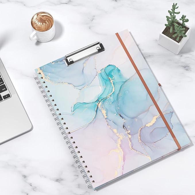 Rimilak Spiral Clipboard Folio with Refillable Lined Notepad, 14.5 x 9.8 In, Hardcover Cover with 5 Interior Pockets, Elastic Band and Pen Loop Series. Cute Stylish Clipfolio, Purple Marble