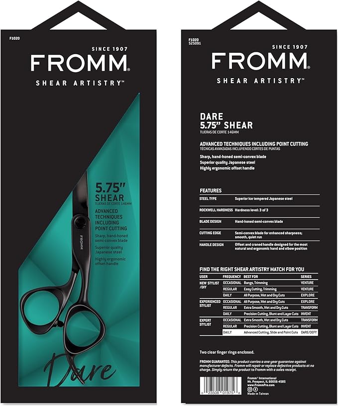 Fromm Professional Dare 5.75" Precision Slide & Point Hair Cutting Shears in Matte Black Japanese Steel Scissors with Semi-Convex Blade for Expert Salon Stylists