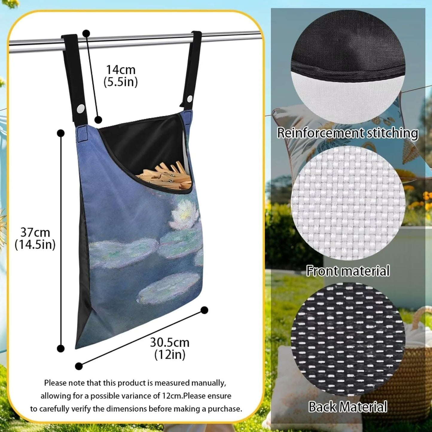 Outdoor Clothespin Storage Bag with Windproof Design - Monet Water Lilies Print Heavy Duty Polyester Hanging Organizer Pouch for Clothesline Pins - Large 14.5"x12" with Hanging Loop