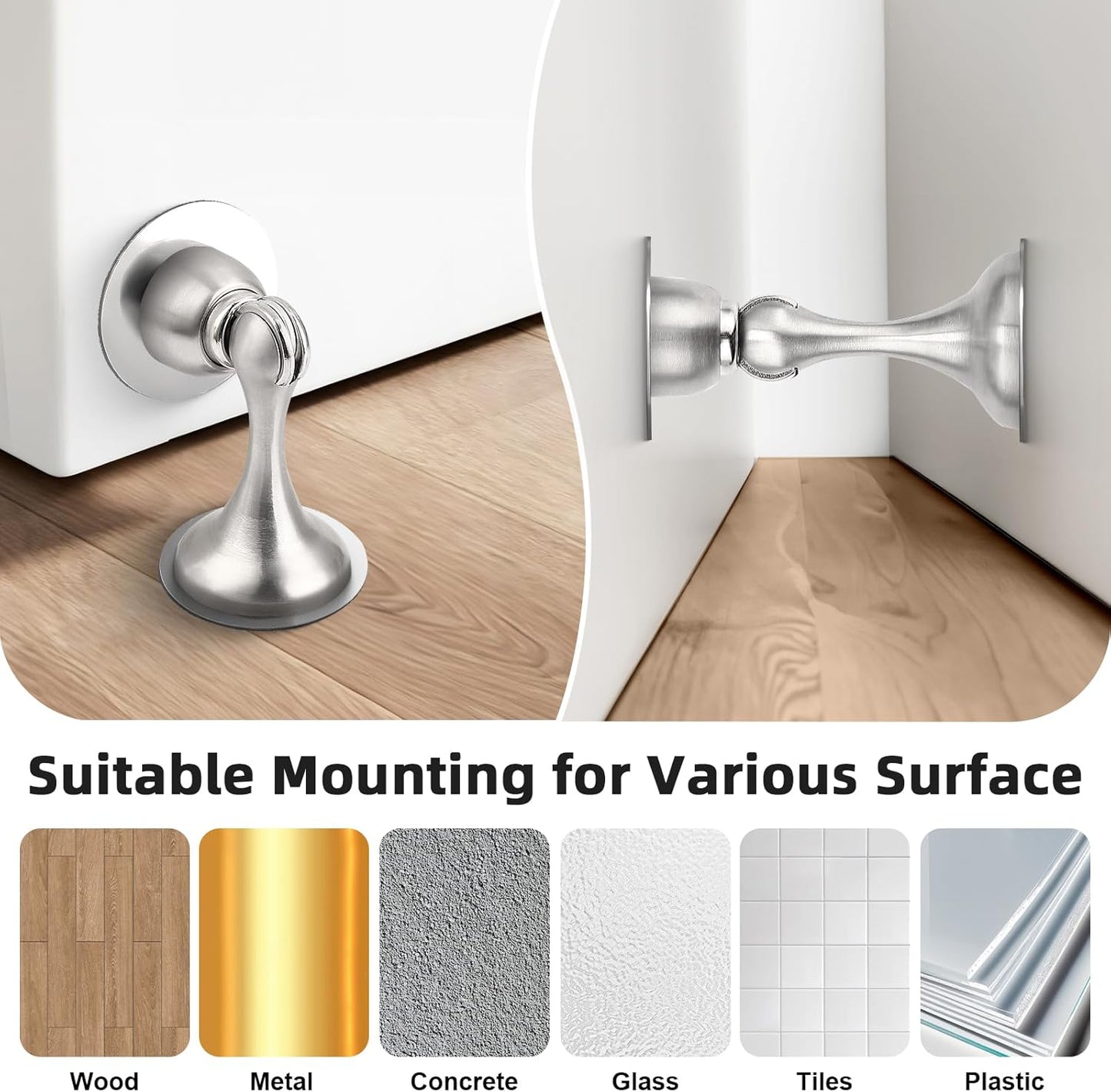 Probrico Brushed Nickel Magnetic Door Stoppers for Bottom of Door, Stainless Steel Magnet Door Catch Door Stops to Keep Door Open, Heavy Duty Door Holder, Wall and Floor Mounting, 6 Pack