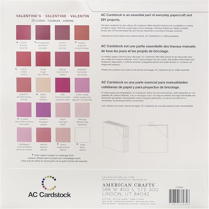 Cardstock 12x12 Scrapbook Paper Pack - Textured Heavy Duty Paper for Die Cutting, Card Making, Crafts - 60 Square Sheets, 20 Unique Colors, 80lb (216gsm), Solid Core - Valentine's