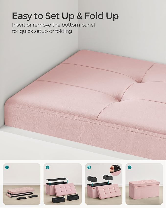 SONGMICS Mazie Collection - Storage Ottoman Bench, Foldable Foot Rest, 15 x 30 x 15 Inches, End of Bed Bench, Storage Chest, Load 660 lb, Living Room, Bedroom, Entryway, Jelly Pink ULSF247R01