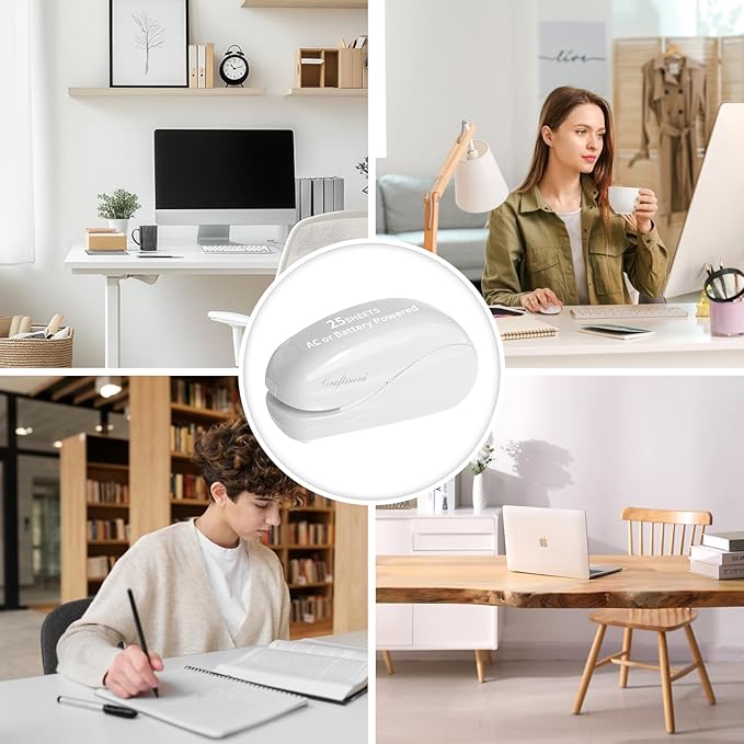 Electric Stapler,Including 2000 Staples and 1 Staple Remover, Suitable for Palm Size and high Comfort,25 Sheet Capacity, AC Adapter or Battery Powered,Battery not Included,(White)