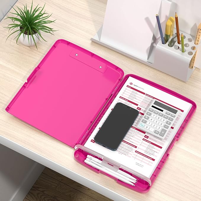 Rimilak Plastic Clipboard with Storage, 8.5 x 11 High Capacity Folio Nursing Case with Pen Holder, Size 14.2 x 9.6 x 1.2″ Folder Side-Opening for Classroom, Teacher, Student, Smooth Writing, Red