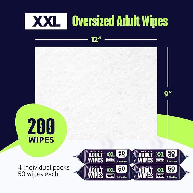 Adult Wipes for Elderly 4 Pack - Extra Large Extra Thick No-Rinse Bathing Wet Wipes for Adults - Incontinence Shower Alternative Disposable Washcloths - Fragrance-Free XXL