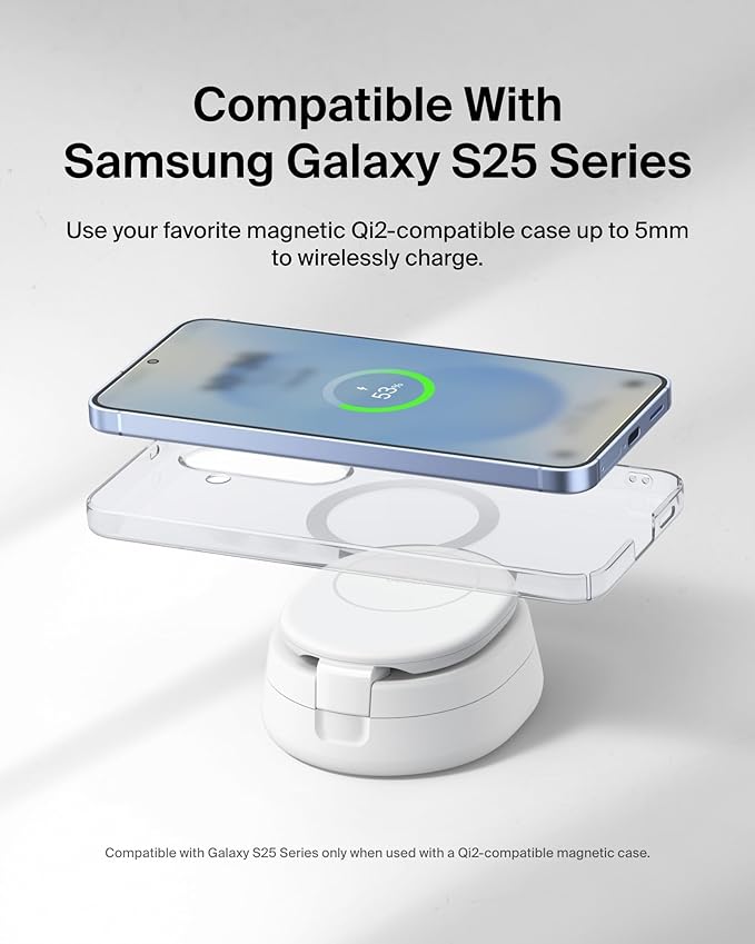 Belkin MagSafe Charger Compatible, 2-in-1 Qi2 Wireless Charging Station 15W, Convertible Charger for iPhone 17, Apple Watch, AirPods, Pixel 10, Portable Phone Stand for Travel w/ 30W Adapter - White