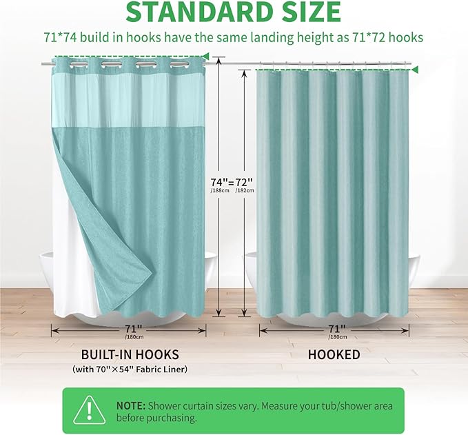 No Hooks Needed Linen Textured Shower Curtain with Snap-in Fabric Liner Set,Hotel Luxury Decor Waterproof Shower Curtains for Bathroom with Mesh Top Window,Washable,71Wx74H,Teal