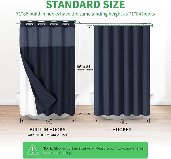 Extra Long No Hooks Needed Linen Textured Shower Curtain with Snap-in Fabric Liner Set,White Hotel Luxury Decor Shower Curtains for Bathroom,Waterproof & Washable,71Wx86H,Navy Blue