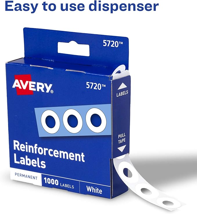 Avery Self-Adhesive Hole Reinforcement Stickers, 1/4" Diameter Hole Punch Reinforcement Labels, White, Non-Printable, 1,000 Per Pack, 2-Pack, 2,000 Total (5615)