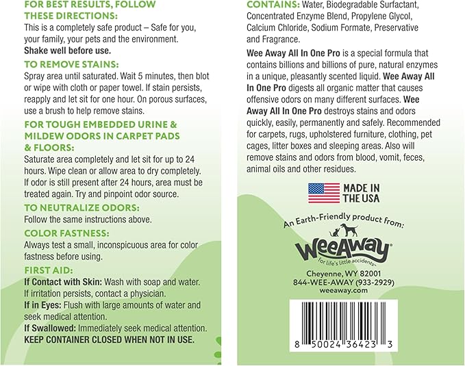 Wee Away All in One Pro Stain & Odor Remover, Enzyme Cleaner, Pet Urine Odor Eliminator for Home - Pet Mess Destroyer for Carpet & Furniture, Green Tea Scent, 32 fl oz