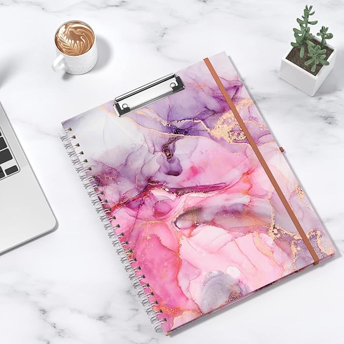 Rimilak Spiral Clipboard Folio with Refillable Lined Notepad, 14.5 x 9.8 in, Hardcover Cover with 5 Interior Pockets, Elastic Band and Pen Loop Series. Cute Stylish Clipfolio, Pink Gold Marble