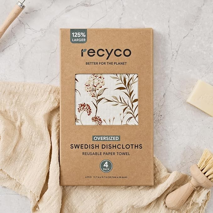 RECYCO Swedish Dishcloths for Kitchen | 4 Pack Oversized Washable Dish Rags | Large Cellulose Reusable Cleaning Paper Towels | Absorbent Counter Dish Cloth Sponge XL Kitchen Wipes, 12" L x 10" W