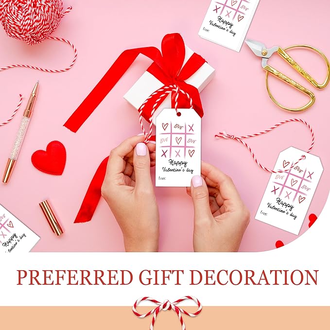 50Pcs Happy Valentines Tags for Bags, Valentine Gift Label with String, Sweet Themed Party or Valentine' Day Thank You Gift Tags Great for Party Favors-XOXO
