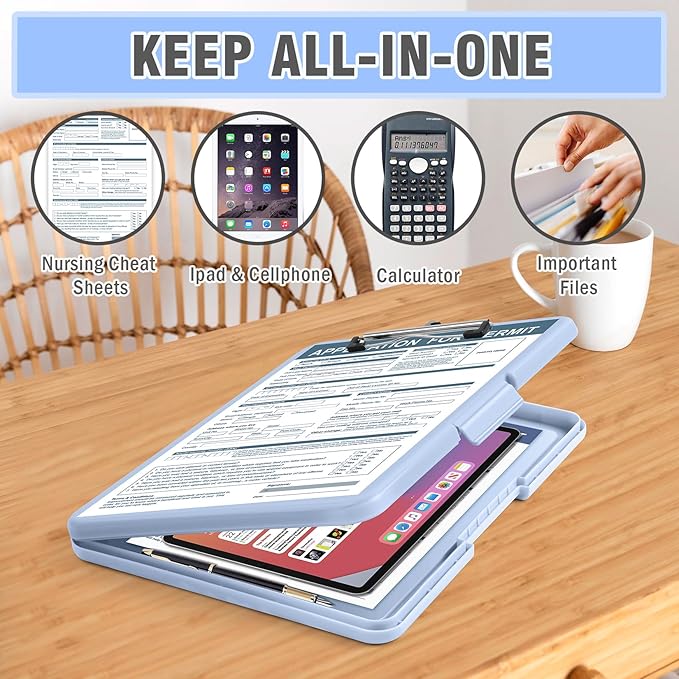 ANZNKU Clipboard with Storage 13x9.6 inches, Storage Clip Board Heavy Duty, Plastic Clipboard with Side Opening, Nursing Clip Board Foldable, Letter Size Smooth Writing for Work, Study(Light Blue)