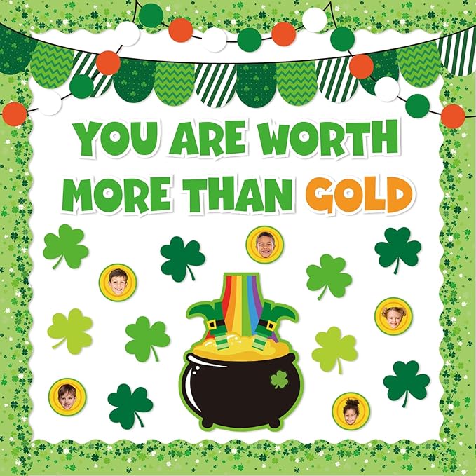 JarThenaAMCS 72Pcs St. Patrick's Day Bulletin Board Decor Set Shamrock Clover Gold Coin Cut-Outs with Glue Points Bulletin Board Stickers for Irish Holiday School Classroom Wall Decor