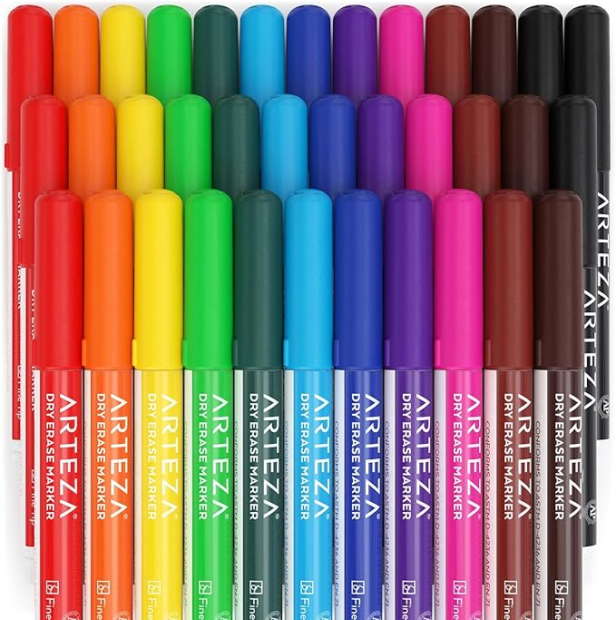 ARTEZA Dry Erase Markers Fine Tip, Bulk Pack of 36 Low-Odor Whiteboard Pens, 12 Assorted Colors for Office, Meeting Rooms & Daily Planning