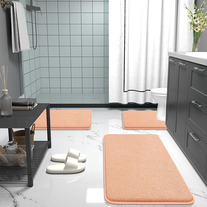 OLANLY Thick Memory Foam Bath Mat Rug 24x16, Extra Soft Absorbent Bathroom Rug, Quick Dry Bath Mats, Non-Slip, Machine Washable Carpet for Bathroom, Tub and Shower, Home Decor Accessories, Peach
