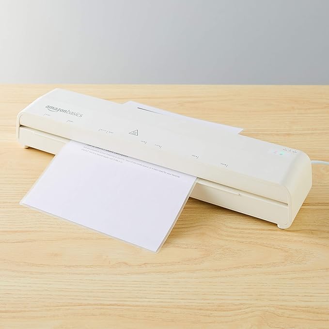 Amazon Basics 12-Inch Thermal Laminator Machine, 1 Min Fast Warm-Up, for Documents Photos, Home/Office/School Use, 20 Pouches Included, White