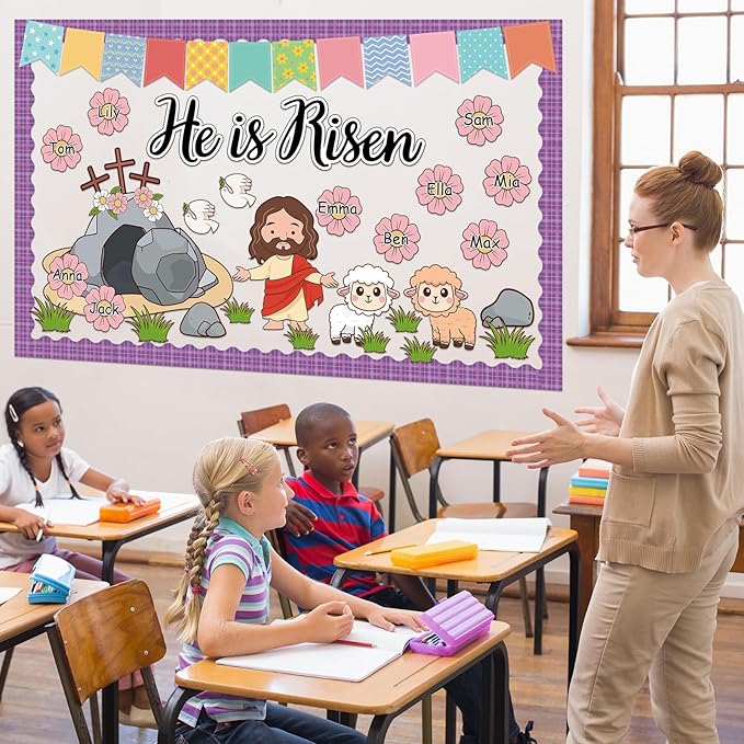Easter He is Risen Bulletin Board Set Christian Classroom Decorations Easter Religious Jesus Cross Cutouts Flower Name Tags Purple Plaid Bulletin Board Borders for Church Sunday School Wall Door Decor
