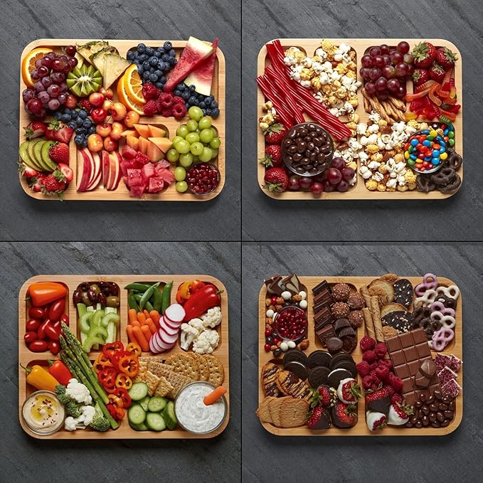 Farberware Build-A-Board Bamboo Cutting Board with Built-In Compartments & Clear Locking Lid, Black Handles – Charcuterie, Snack Tray, Food Prep and Serving Platter