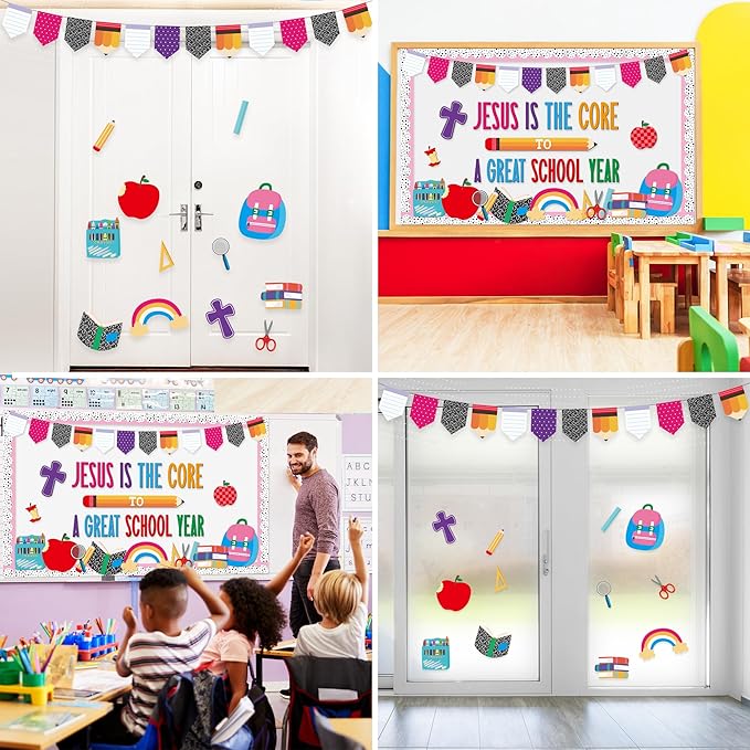 Back to School Bulletin Board Decorations Jesus Welcome Back Classroom Decoration Christian Bulletin Board Set Religious Bible Cutouts for School Office Chalkboard Wall Door Decor Supplies