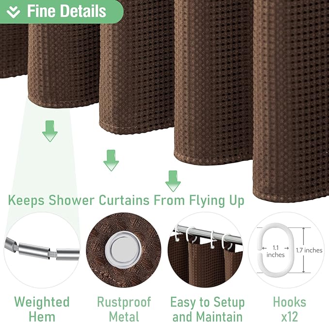 Dynamene Extra Long Shower Curtain - 96 Inch Long Waffle Weave Weighted Thick Cloth Bathroom Shower Curtain, Neutral Heavy Duty Hotel Bath Curtain Set with 12 Plastic Hooks,72x96, Brown