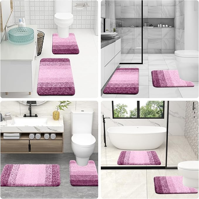 OLANLY Luxury Toilet Rugs U-Shaped 24x24, Extra Soft and Absorbent Microfiber Bathroom Rugs, Non-Slip Plush Shaggy Bath Mat, Machine Wash Dry, Contour Bathroom Mats for Toilet Base, Pinkish-Purple