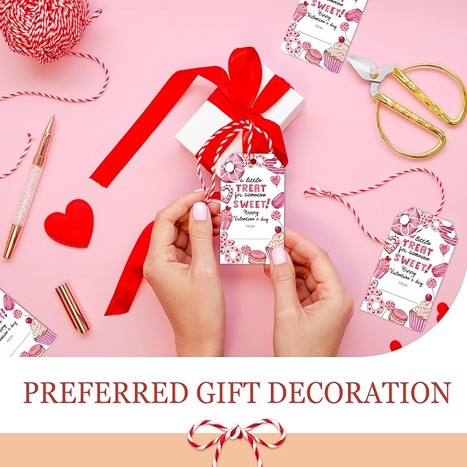 Valentines Day Gift Sticker Tags - 50Pcs A Little Treat Happy Valentine Tags with String, Gift Label Idea Valentines Activity School Classroom Party Favors-Pink