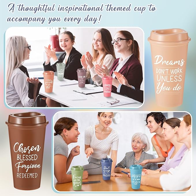 24 Pcs Inspirational Gifts for Employee Coworkers Staff Teammate, 16oz Reusable Plastic Coffee Cups with Positive Sayings, Bundle Gifts for Woman Man Coworker (Morandi Color,Inspirational)