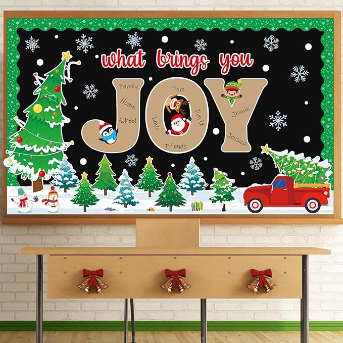 Christmas Winter Bulletin Board Set What Brings You Joy Bulletin Board Classroom Decorations Xmas Tree Snowflake Reindeer Paper Cutouts for Xmas Holiday Classroom School Blackboard Wall Door Decor